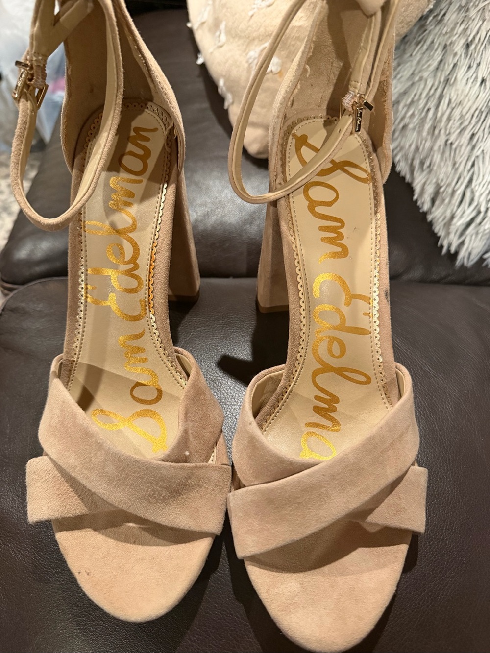Sam Edelman Blush Suede Block Heel Sandals with Ankle Strap